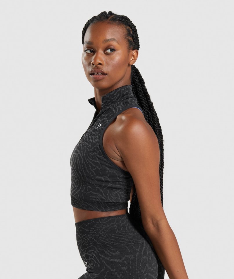 Women's Gymshark Adapt Animal Seamless 1/2 Zip Cropped Tops Black | NZ 7RPNHQ